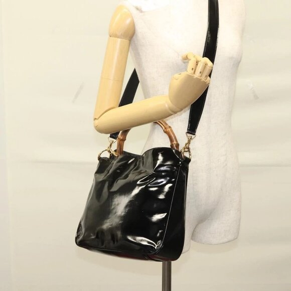 GUCCI Bamboo Hand Bag Enamel 2way Black Gold - Picture 1 of 16